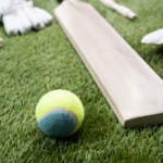 Cricket bat and ball on a grass pitch