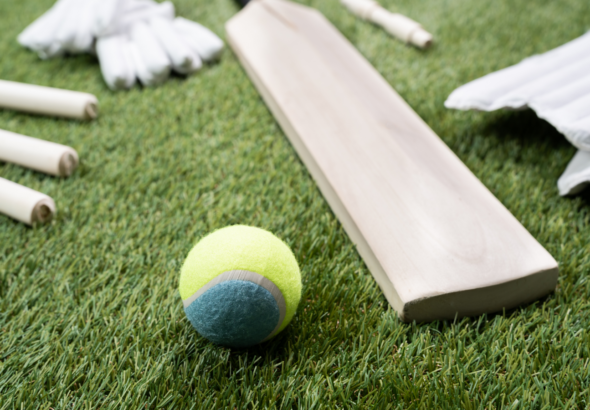Cricket bat and ball on a grass pitch