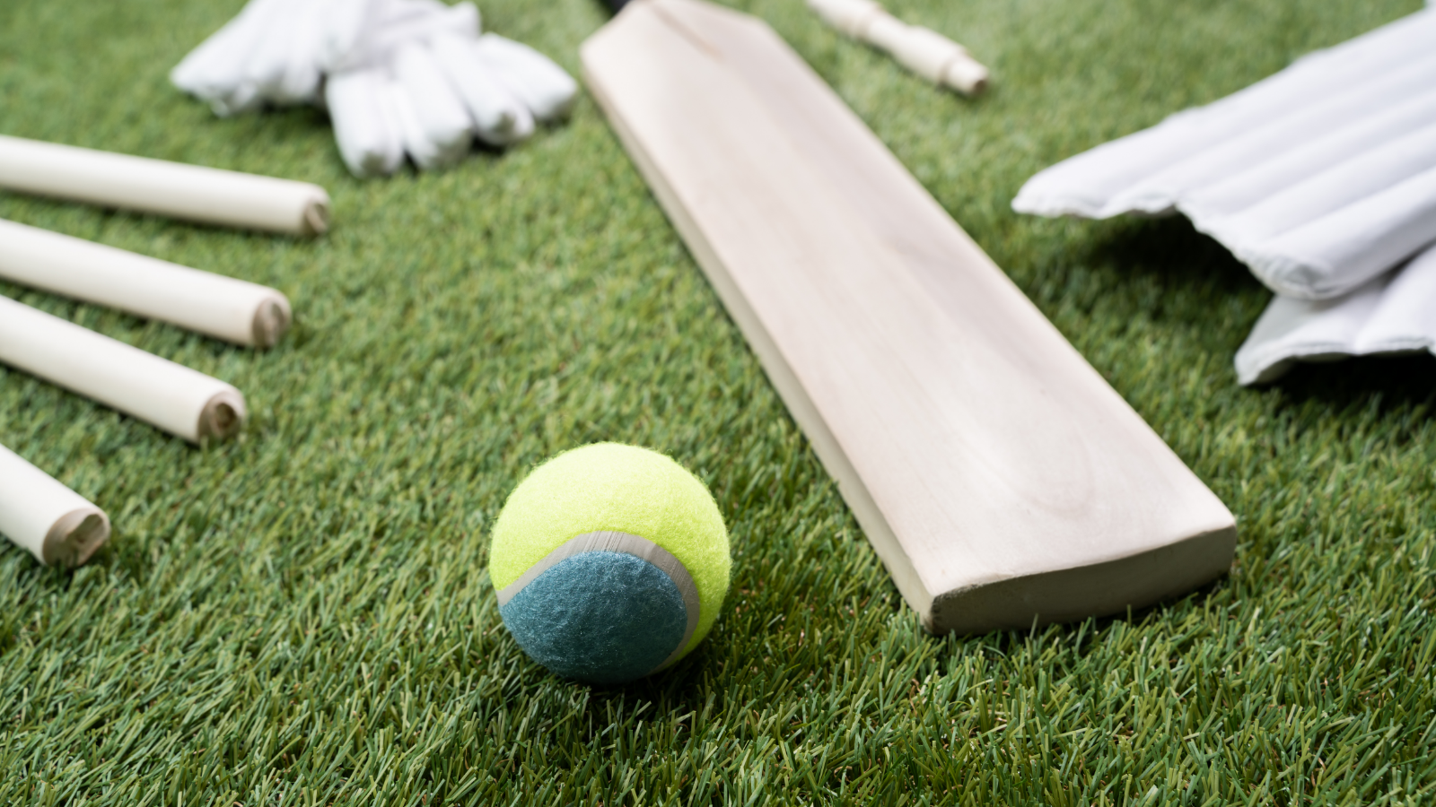 Cricket bat and ball on a grass pitch